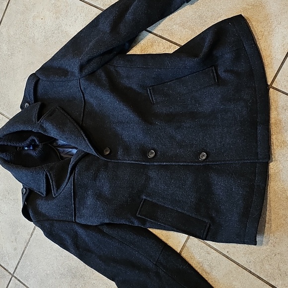 Egara Mens black wool blend peacoat buttons up lined on collar coat jacket XXL